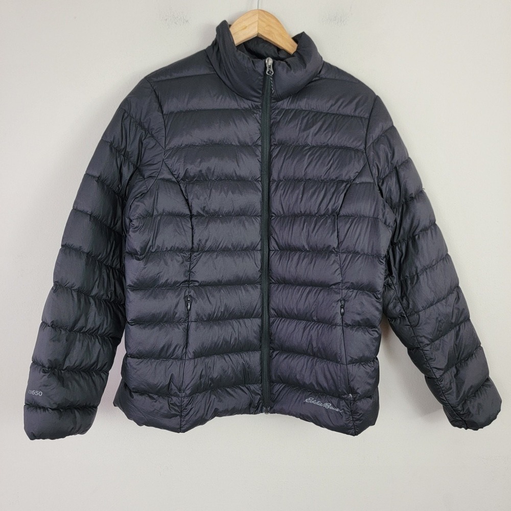 Eddie Bauer Jacket Womens L EB650 Down Puffer Outdoors Black Packable READ!
